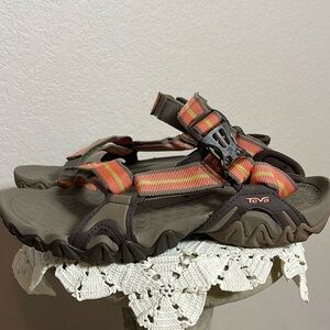 Teva Hurricane Sport Sandals Tan With Pink & Chartreuse Stripe Size 8